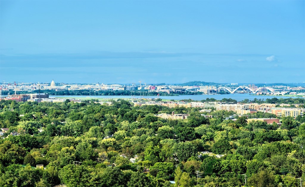 A cityscape with a bridge and a large body of water in the distance.