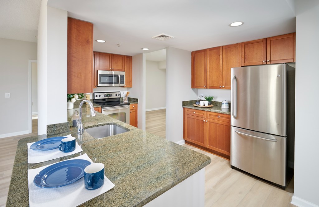 A kitchen with a granite countertop and stainless steel appliances.