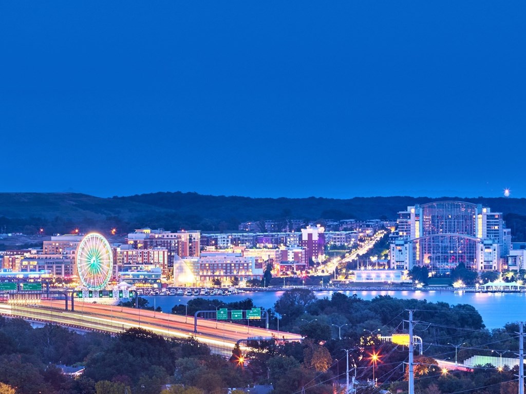 A cityscape at night with a Ferris wheel and a lit-up bridge.