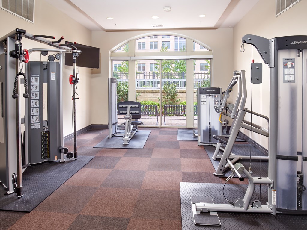 A gym with a variety of equipment including treadmills, weights, and exercise machines.
