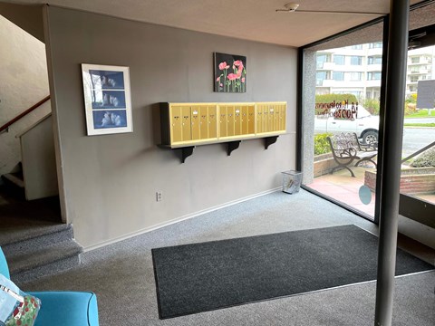 A room with a blue chair and a grey carpet.
