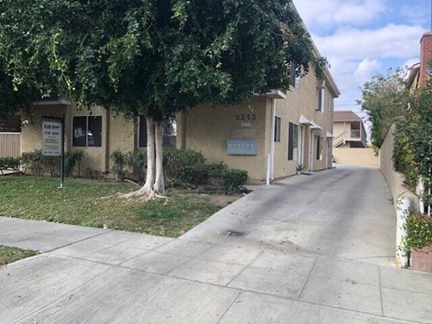 A tree-lined street with a sign for 2413.