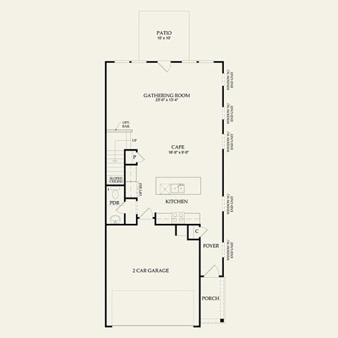A floor plan of a house with a cafe, gathering room, and two car garages.
