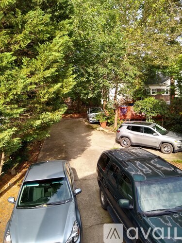 Two cars are parked in a driveway surrounded by trees.