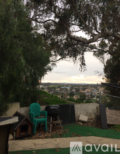 A backyard with a green chair and a dog house.