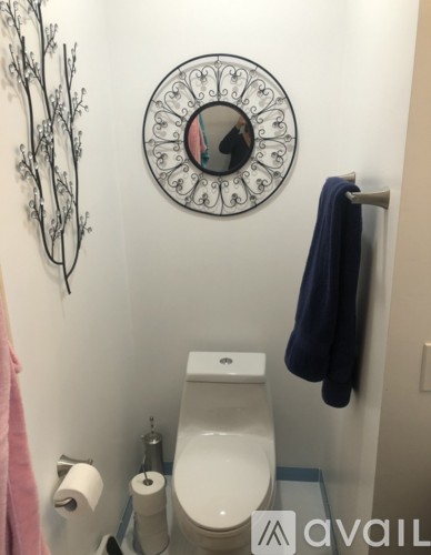 A bathroom with a toilet, a mirror, and a towel rack.