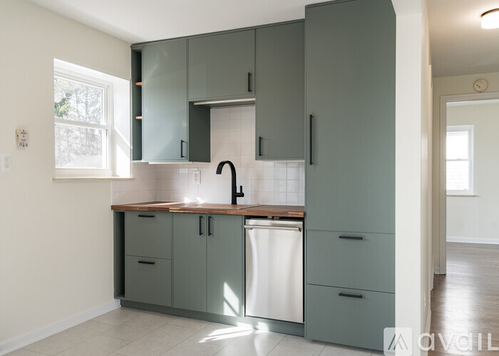 A kitchen with green cabinets and a white dishwasher.
