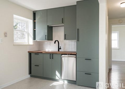 A kitchen with green cabinets and a white dishwasher.