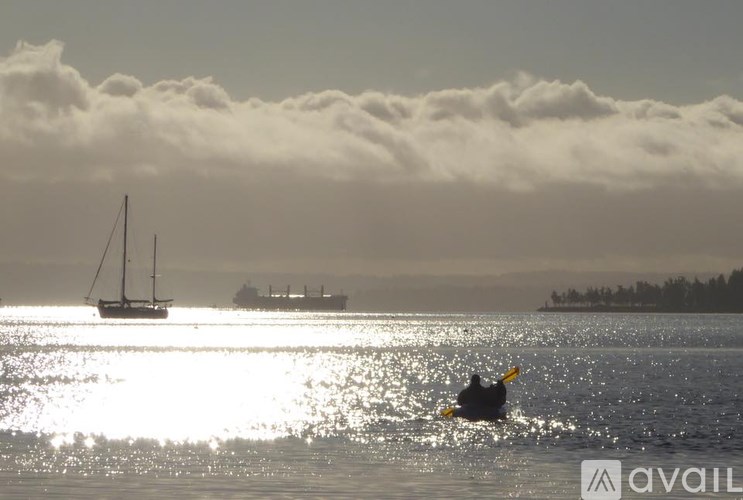 A person is kayaking in the water with a sailboat and a ship in the background.