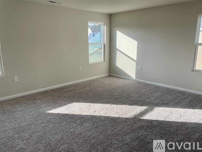 A room with a carpet and two windows.