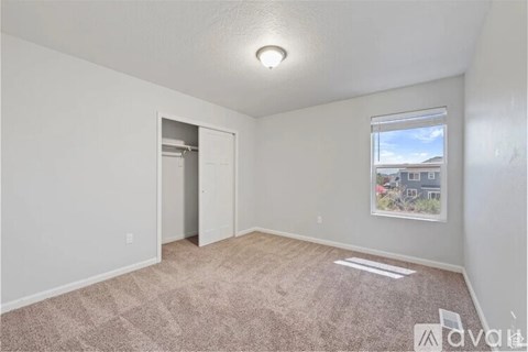 A room with a carpeted floor and a window showing a building outside.