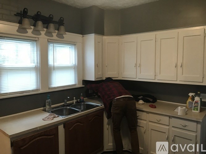 A person is cleaning a kitchen with a spray bottle.