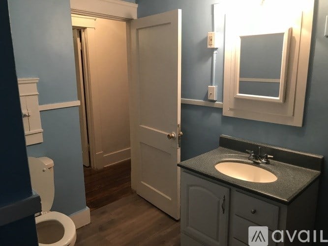 A bathroom with blue walls and a white door.