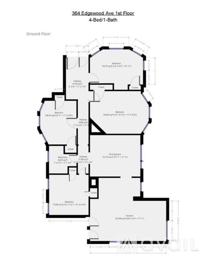 A floor plan of a 4-bedroom, 1-bathroom apartment on the first floor of 364 Edgewood Ave.
