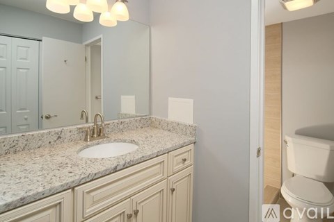 A bathroom with a sink, mirror, and toilet.