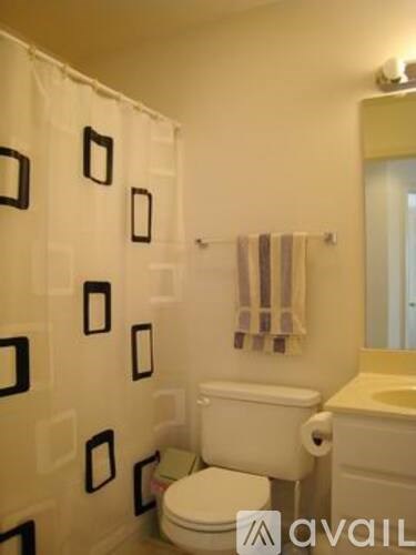 A bathroom with a toilet, sink, and shower curtain with picture frames on it.