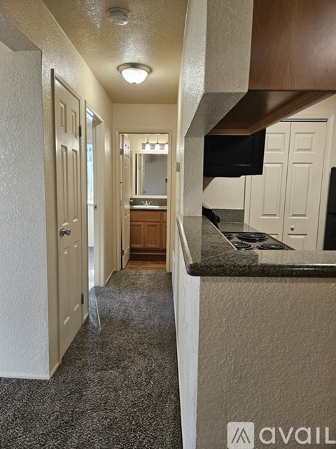 A hallway with a carpeted floor and a kitchen area with a stove top oven.