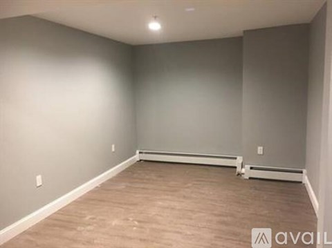 A room with a wooden floor and a white baseboard heater.