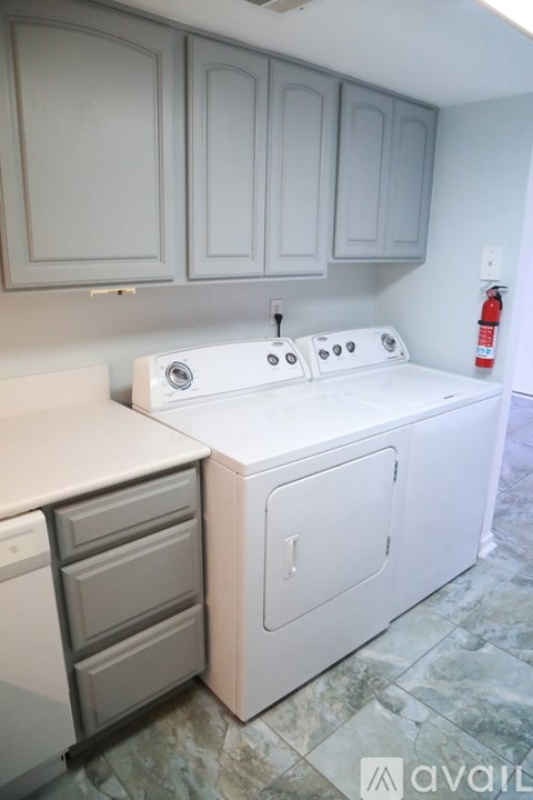 A white dishwasher and dryer are in a kitchen.