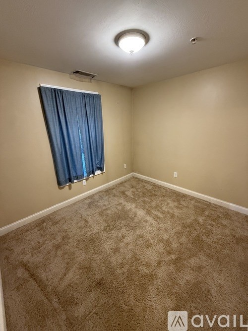 A room with a carpeted floor and a window with blue curtains.