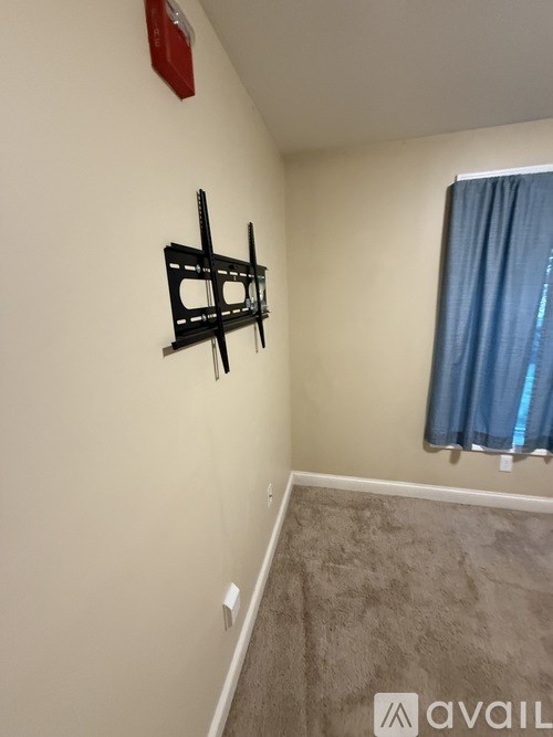 A room with a grey carpet and a blue curtain.