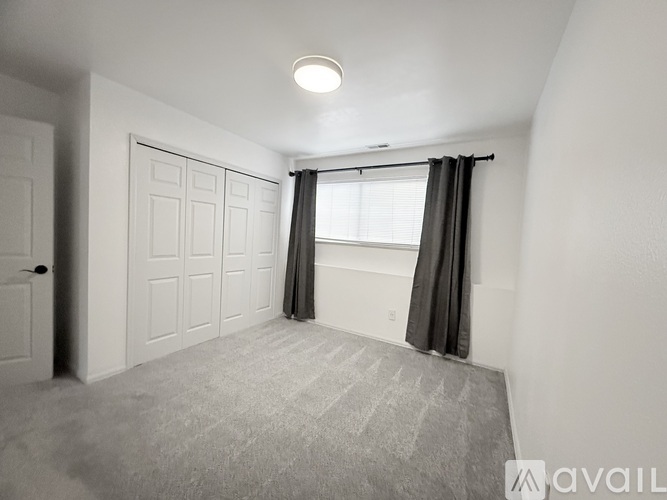 A room with a carpeted floor, a door, a window with curtains, and a ceiling light.
