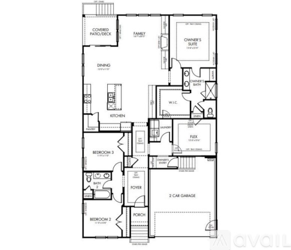 A floor plan of a house with labeled rooms such as "Owner's Suite", "Family", "Dining", and "2 Car Garage".