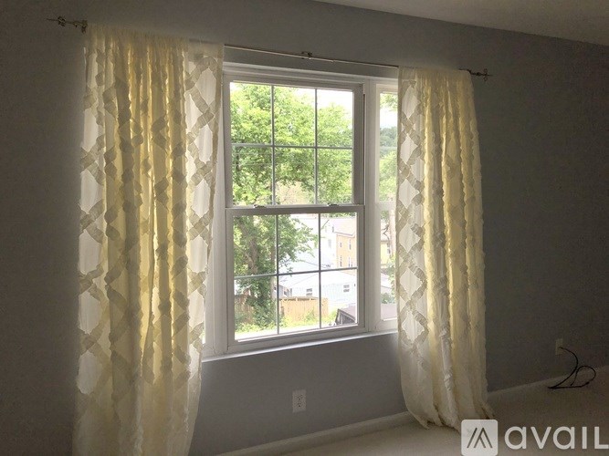 A window with a view of a green tree and a building outside.