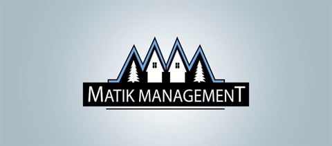 The image is a logo for Matik Management, featuring a stylized mountain range with houses on top.