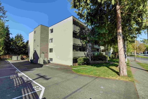 A parking lot in front of a building with a tree on the right.