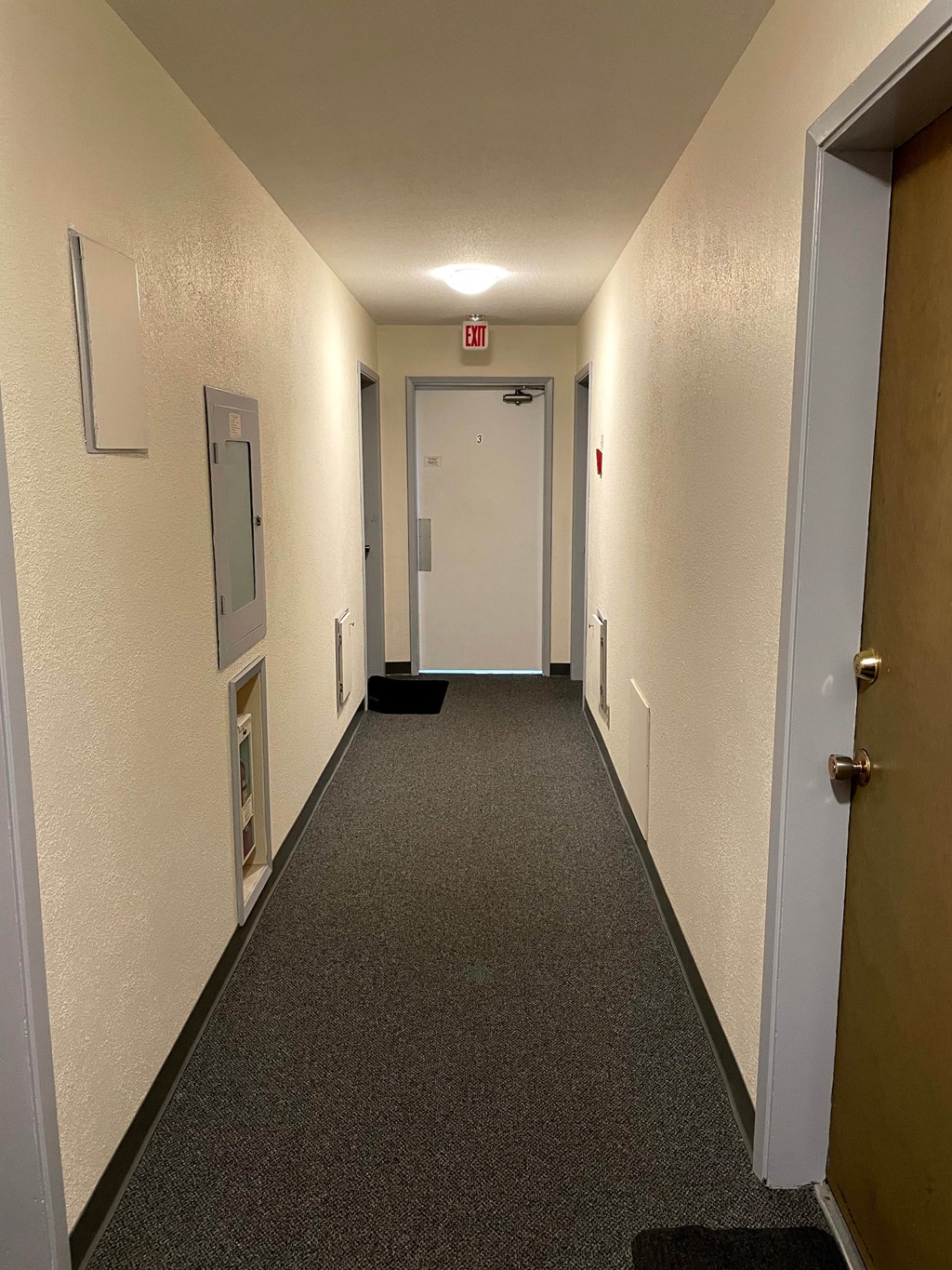 A long hallway with a door at the end.