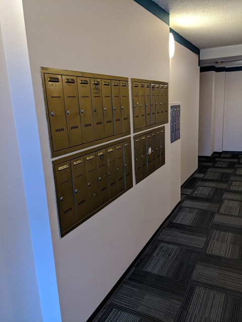 A row of mailboxes are mounted on a wall.