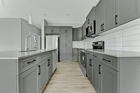 A modern kitchen with grey cabinets and appliances.