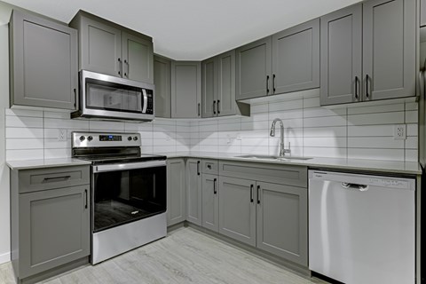 A kitchen with a stove, oven, microwave, and dishwasher.