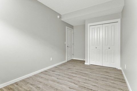 A room with a white door and a white wardrobe.