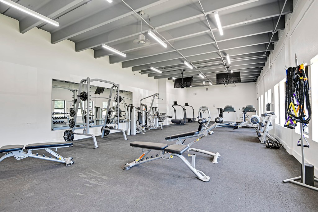 A spacious gym with a variety of equipment.