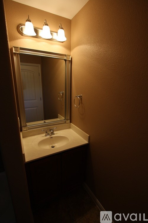 A bathroom with a sink and mirror.