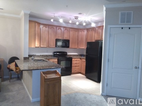 A kitchen with a black refrigerator and wooden cabinets.