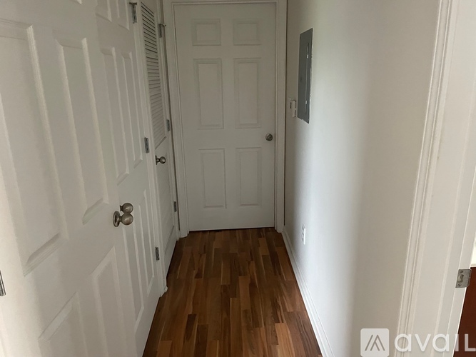 A hallway with a white door and a wooden floor.