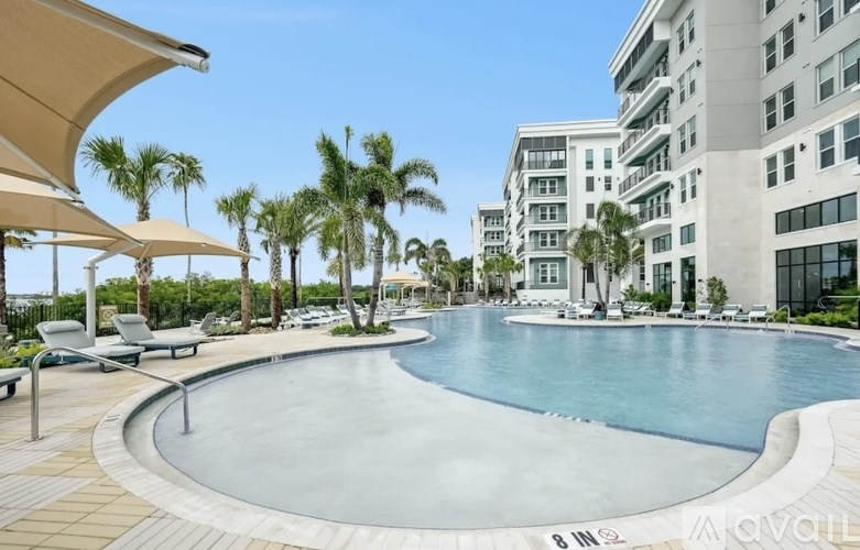 A large outdoor pool surrounded by palm trees and lounge chairs.