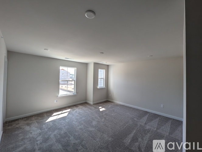 A spacious room with carpeted floor and two windows.