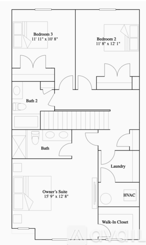 A floor plan of a home with labeled rooms such as Bedroom 3, Bath, Laundry, and Owner's Suite.