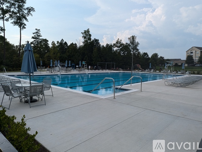 A pool with chairs and umbrellas around it.