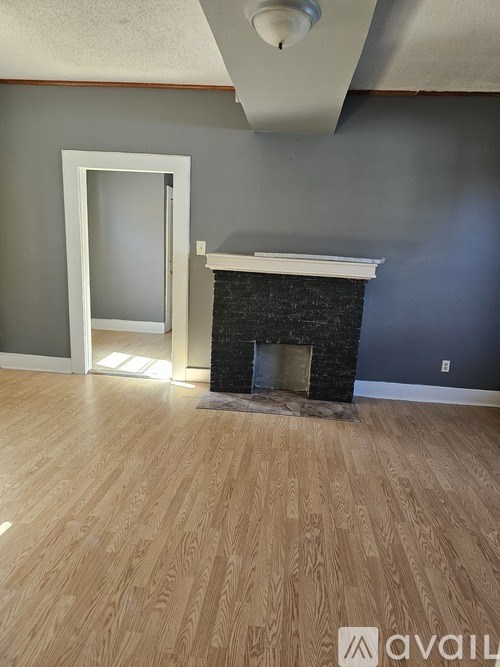 A room with a fireplace and a door.