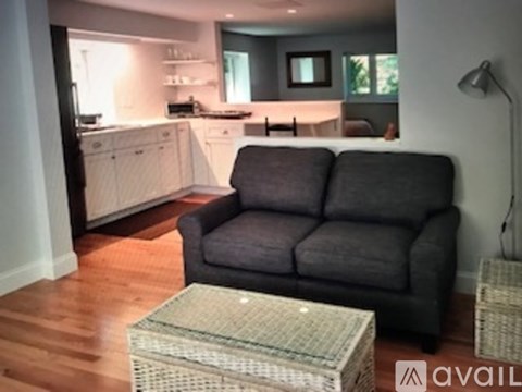 A grey couch sits in a living room with a white kitchen in the background.