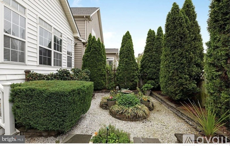 A garden with a gravel path and a variety of plants and trees.