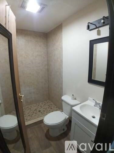 A bathroom with a toilet, sink, and shower.