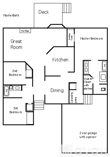 A floor plan of a house with a deck and a master bedroom.