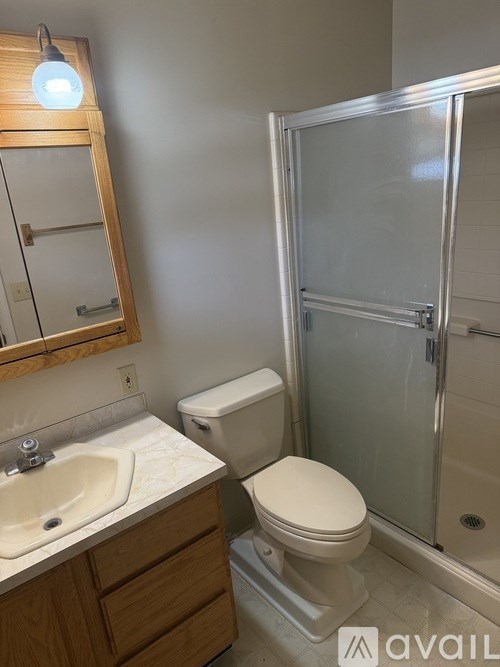 A bathroom with a toilet, sink, and shower.