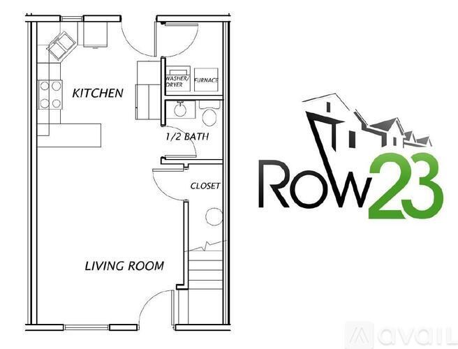 A floor plan of a small apartment with a kitchen, living room, and half bath.